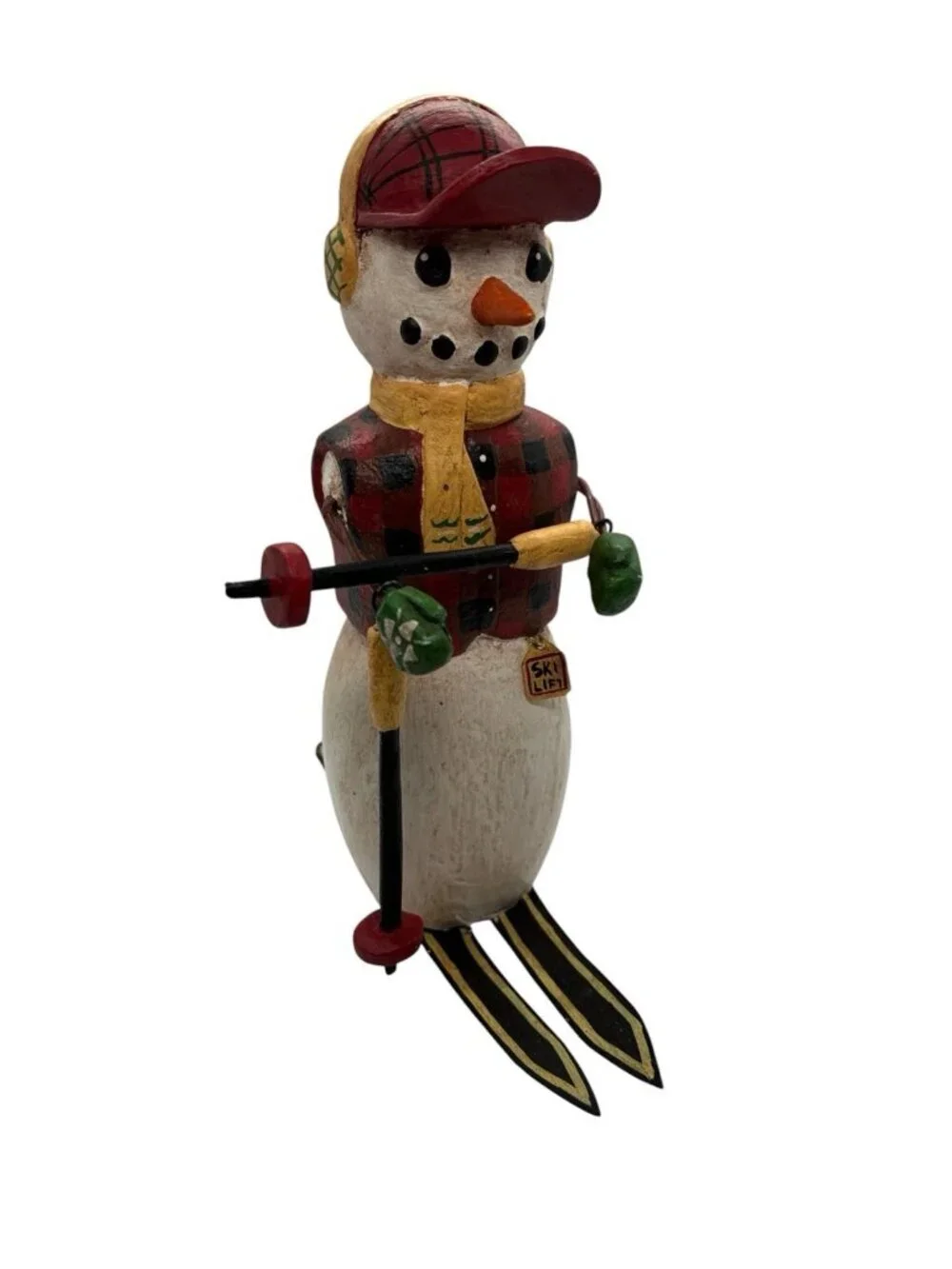 Handmade Wooden Snowman Skier Figurine Rustic Winter Christmas Decor Folk Art